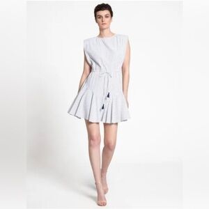 Aakaa Size L Dress Cotton Blend Shoulder Pads Drawstring Waist Striped Tassels